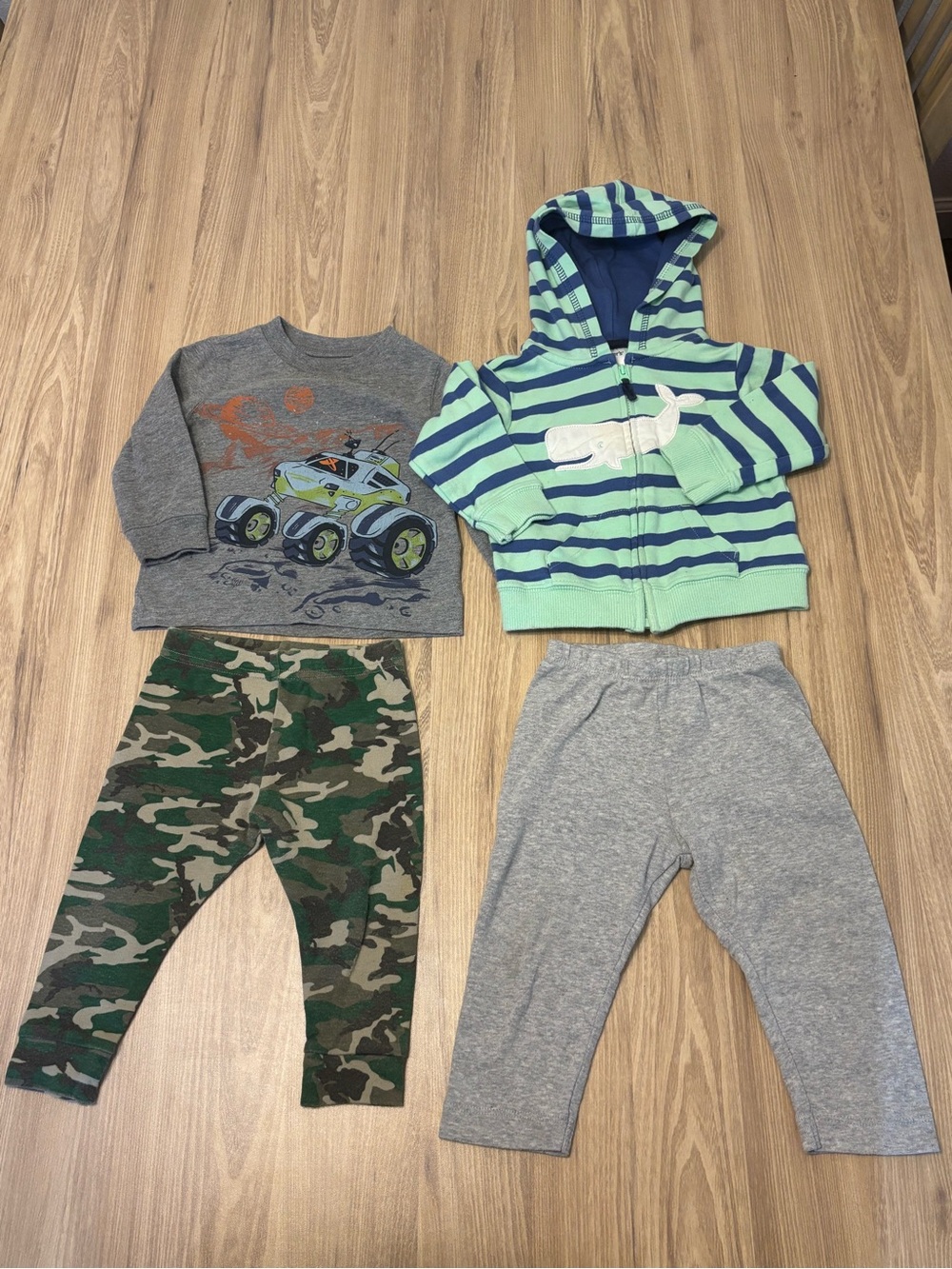 Carter’s monster truck shirt + striped hoodie + 2 pants 9M